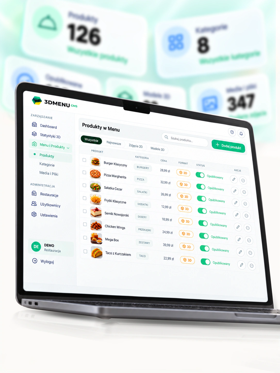 Panel administracyjny 3DMenu z produktami i kategoriami menu